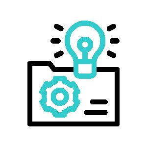 The icon with the gear and catalog symbol represents product lifecycle management (PLM) tools that support tracking the product process from idea to realization.
