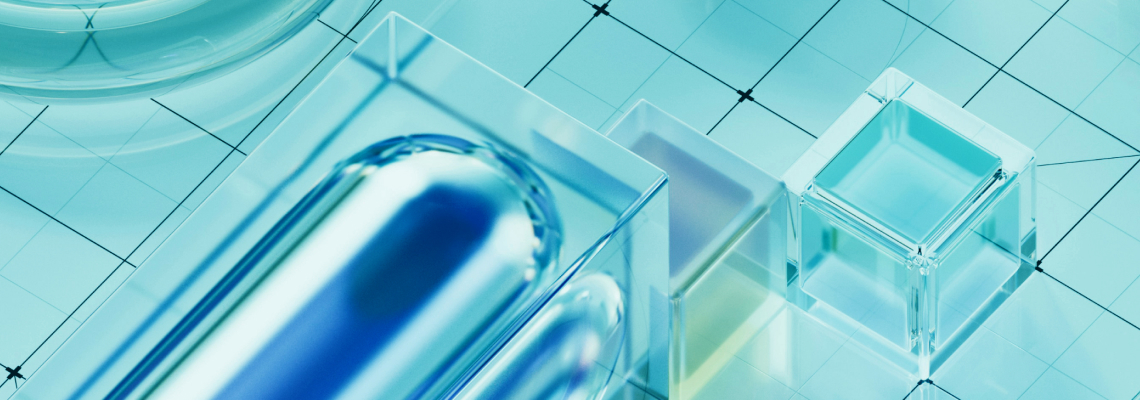 Abstract 3D gradient image with cube and cylinder shapes in shades of blue and blue-gray background, visualizing spaces typical of digital modeling. The image represents the advanced digital engineering and 3DEXPERIENCE platform solutions of the KTU numerical simulation competence centre.