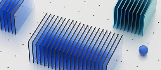 Structure of vertical blue panels arranged on a technical grid, symbolising digital modelling, engineering analysis and technology solutions services.