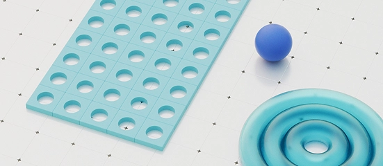 Composition of geometric elements featuring a perforated plate and blue sphere on a technical grid, symbolising practical learning, experimentation and the development of digital technology skills.