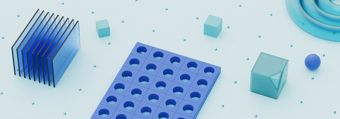 Visualization of translucent blue and turquoise cube shapes on a technical grid, representing the application of digital modelling technologies in study programmes and teaching activities at KTU.