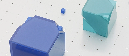 Blue spiral-shaped geometric object placed on a technical grid, symbolising engineering design, digital simulation and innovation development in collaboration with companies.