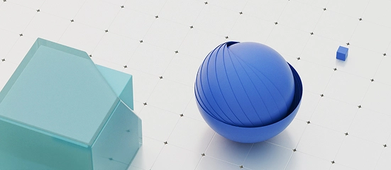 Visualization of translucent blue and turquoise cube shapes on a technical grid, representing the application of digital modelling technologies in study programmes and teaching activities at KTU.